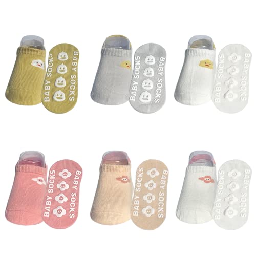 QIYIENDIAN 6 Paar Baby Knöchelsocken mit Griffen, Anti-Rutsch Low Cut Baumwollsocken für Säugling Kleinkind kleine Mädchen/Jungen(6-12maanden,D1-22-71yellowpink) von QIYIENDIAN