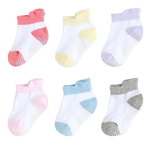 QIYIENDIAN 6 Paar Knöchel/niedrig geschnittene Socken mit rutschfesten Griffen für Baby Kleinkinder(AKL-137B2,1-3T) von QIYIENDIAN