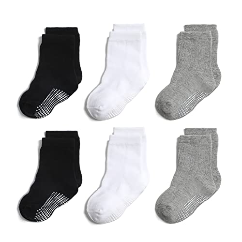 QIYIENDIAN 6 Paar rutschfeste, kuschelige, warme Rundsocken mit Griffen für Babys, Kleinkinder, Kinder, Jungen, Mädchen（1-3 Jahre，2-B Weiß&Schwarz&Grau） von QIYIENDIAN