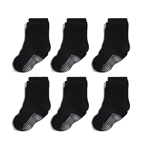 QIYIENDIAN 6 Paar rutschfeste, kuschelige, warme Rundsocken mit Griffen für Babys, Kleinkinder, Kinder, Jungen, Mädchen（1-3 Jahre，2-C Schwarz） von QIYIENDIAN