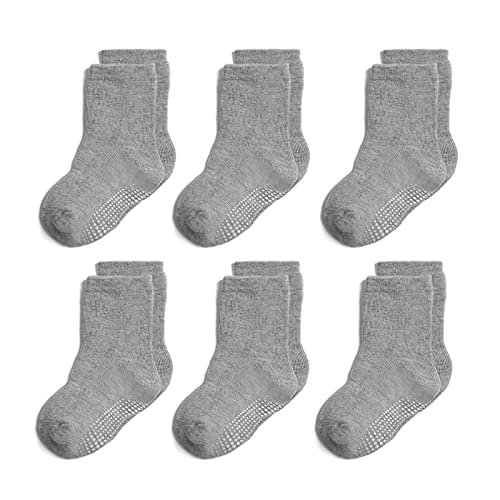 QIYIENDIAN 6 Paar rutschfeste, kuschelige, warme Rundsocken mit Griffen für Babys, Kleinkinder, Kinder, Jungen, Mädchen（1-3 Jahre，2-E Grau） von QIYIENDIAN