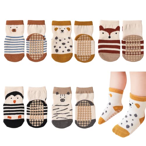 QIYIENDIAN Cute Cartoon Crew Socken mit Griffen, 5 Paar Baumwolle Anti-Rutsch-Slipper Socken geeignet für Säugling Baby kleine Mädchen/Jungen (0-1Jahr,Penguin) von QIYIENDIAN