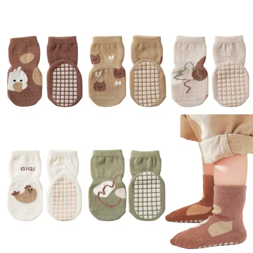 QIYIENDIAN Cute Cartoon Crew Socken mit Griffen, 5 Paar Baumwolle Anti-Rutsch-Slipper Socken geeignet für Säugling Baby kleine Mädchen/Jungen (1-3Jahre,Küken) von QIYIENDIAN