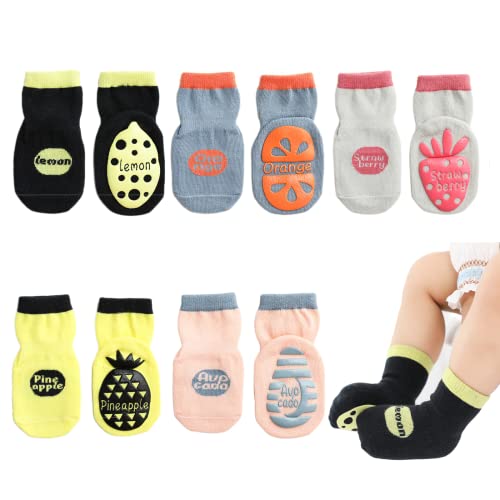 QIYIENDIAN Cute Cartoon Crew Socken mit Griffen, 5 Paar Baumwolle Anti-Rutsch-Slipper Socken geeignet für Säugling Baby kleine Mädchen/Jungen (1-3Jahre,Obst) von QIYIENDIAN