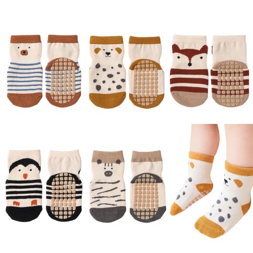 QIYIENDIAN Cute Cartoon Crew Socken mit Griffen, 5 Paar Baumwolle Anti-Rutsch-Slipper Socken geeignet für Säugling Baby kleine Mädchen/Jungen (1-3Jahre,Penguin) von QIYIENDIAN