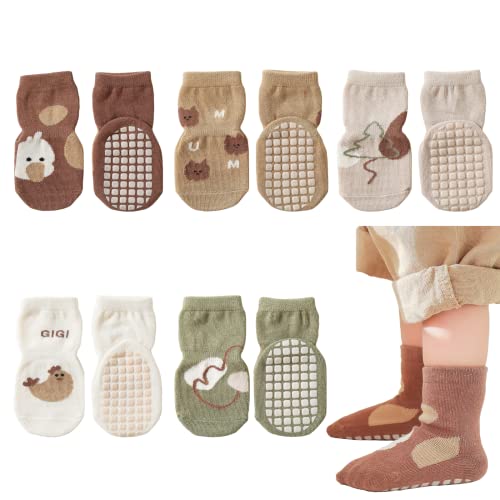 QIYIENDIAN Cute Cartoon Crew Socken mit Griffen, 5 Paar Baumwolle Anti-Rutsch-Slipper Socken geeignet für Säugling Baby kleine Mädchen/Jungen (0-1Jahr,Huhn) von QIYIENDIAN