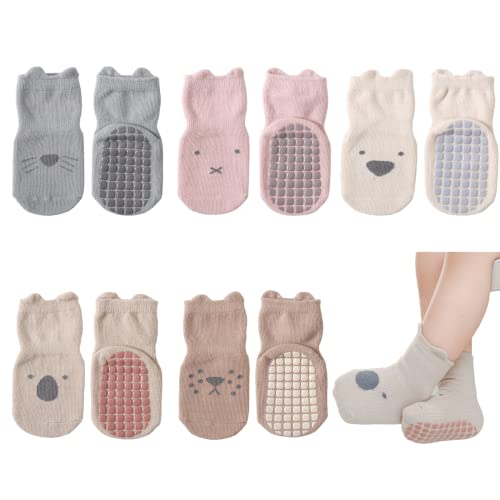 QIYIENDIAN Cute Cartoon Crew Socken mit Griffen, 5 Paar Baumwolle Anti-Rutsch-Slipper Socken geeignet für Säugling Baby kleine Mädchen/Jungen (0-1Jahr,Katze) von QIYIENDIAN