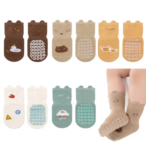 QIYIENDIAN Cute Cartoon Crew Socken mit Griffen, 5 Paar Baumwolle Anti-Rutsch-Slipper Socken geeignet für Säugling Baby kleine Mädchen/Jungen (1-3Jahre,Bär) von QIYIENDIAN