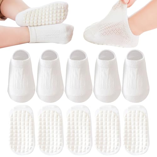 QIYIENDIAN Kinder Rutschfeste Socken Mesh Baumwolle Atmungsaktiv 5 Paar Baby Knöchelsocken(A-Purecolour-white,0-12M) von QIYIENDIAN