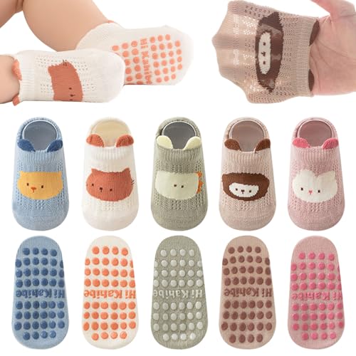 QIYIENDIAN Kinder Rutschfeste Socken Mesh Baumwolle Atmungsaktiv 5 Paar Baby Knöchelsocken(C-Multicolor-Animal,0-12M) von QIYIENDIAN