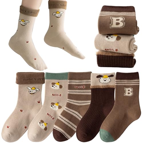 QIYIENDIAN Kinder Warme Crew-Socken Baumwolle Socken 1-10 Jahre Kleinkinder Mädchen Jungen 5er Pack（Brown puppy，3-5Y von QIYIENDIAN