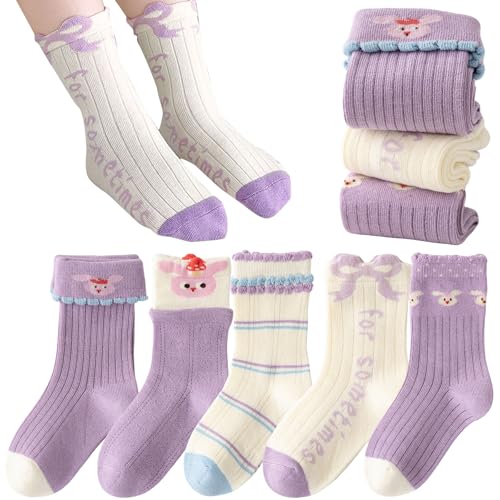 QIYIENDIAN Kinder Warme Crew-Socken Baumwolle Socken 1-10 Jahre Kleinkinder Mädchen Jungen 5er Pack（Purple bunny，5-7Y von QIYIENDIAN