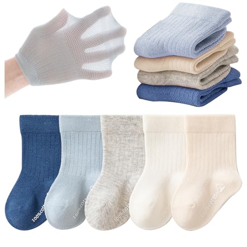 QIYIENDIAN Kleinkind Crew Socken Baumwolle atmungsaktiv Baby Sommer Socken für Kinder Jungen Mädchen 5er Pack（Blue，3-9M） von QIYIENDIAN