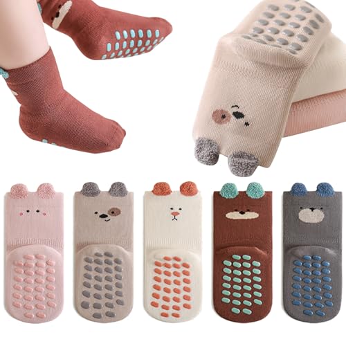 QIYIENDIAN Kleinkinder Rutschfeste Socken Baumwolle 5 Paar Baby Socken Cartoon（Khaki puppy，0-1Y von QIYIENDIAN