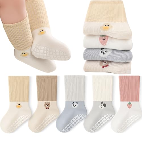 QIYIENDIAN Kleinkinder Rutschfeste Socken Baumwolle 5 Paar Baby Socken Cartoon（Yellow duck，0-1Y von QIYIENDIAN