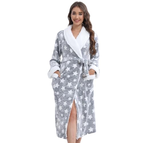 QIYUANT Bademantel Damen Winter Flanell Fleece Flauschig Morgenmantel Saunamantel Warm Weich Langarm Halloween Weihnachten Schlafanzug Hausmantel Nachtwäsche (Damen Grauer Stern, XXL) von QIYUANT