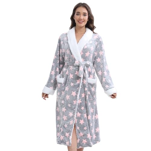 QIYUANT Bademantel Damen Winter Flanell Fleece Flauschig Morgenmantel Saunamantel Warm Weich Langarm Halloween Weihnachten Schlafanzug Hausmantel Nachtwäsche (Grau Rosa Stern, M) von QIYUANT