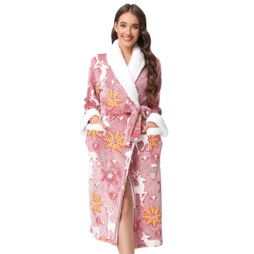 QIYUANT Bademantel Damen Winter Flanell Fleece Flauschig Morgenmantel Saunamantel Warm Weich Langarm Halloween Weihnachten Schlafanzug Hausmantel Nachtwäsche (Hellrotes Pferd, XL) von QIYUANT