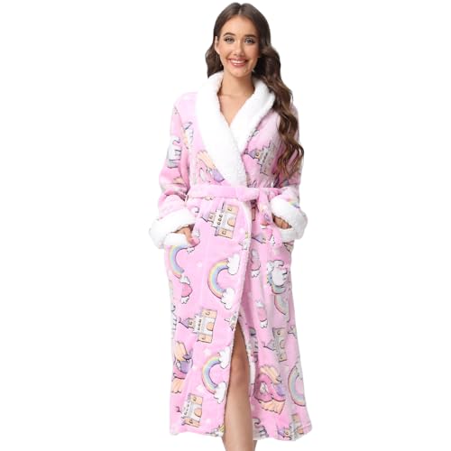 QIYUANT Bademantel Damen Winter Flanell Fleece Flauschig Morgenmantel Saunamantel Warm Weich Langarm Halloween Weihnachten Schlafanzug Hausmantel Nachtwäsche (Rosa Regenbogen Pferd, XXL) von QIYUANT