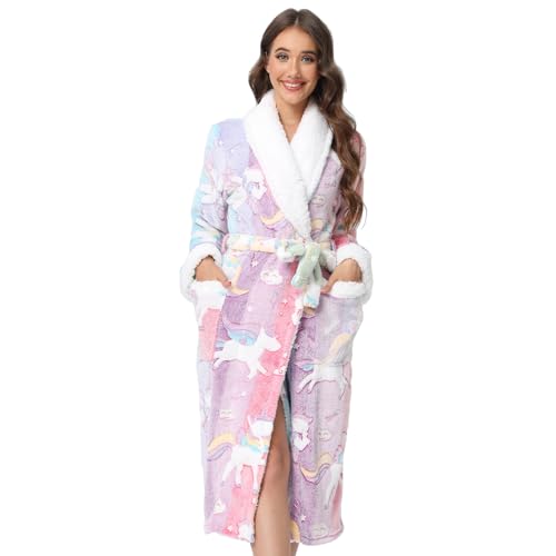 QIYUANT Bademantel Damen Winter Flanell Fleece Flauschig Morgenmantel Saunamantel Warm Weich Langarm Schlafanzug Hausmantel Nachtwäsche von QIYUANT