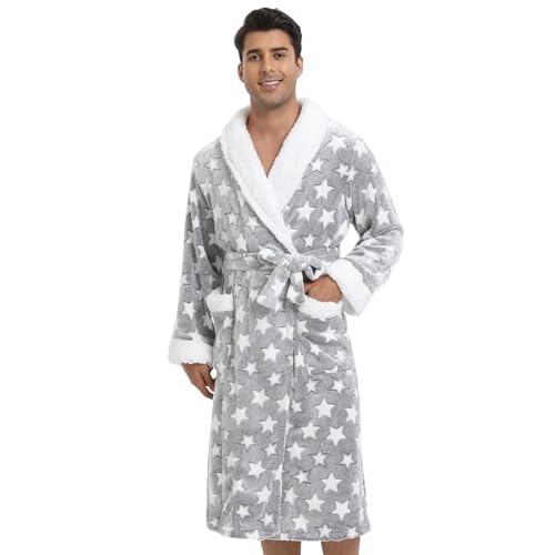 QIYUANT Bademantel Herren Winter Flanell Fleece Flauschig Morgenmantel Saunamantel Warm Weich Langarm Halloween Weihnachten Schlafanzug Hausmantel Nachtwäsche (Herren Grauer Stern, 3XL) von QIYUANT