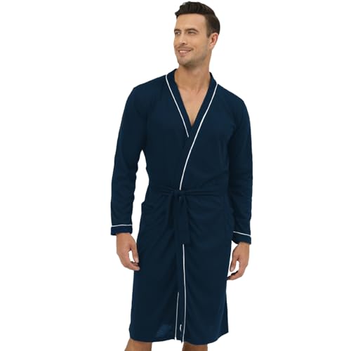QIYUANT Bademantel Leicht Herren Dünn Sommer Morgenmantel Mit Tasche Baumwollmischung Geformter Kragen Leichter Saunamantel Kimono Langarm Schlafanzug Hausmantel Nachtwäsche (Dunkelblau, 3XL) von QIYUANT