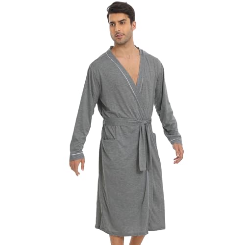 QIYUANT Bademantel Leicht Herren Dünn Sommer Morgenmantel Mit Tasche Baumwollmischung Geformter Kragen Leichter Saunamantel Kimono Langarm Schlafanzug Hausmantel Nachtwäsche (Dunkelgrau, 3XL) von QIYUANT