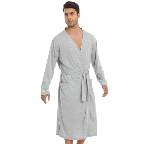 QIYUANT Bademantel Leicht Herren Dünn Sommer Morgenmantel Mit Tasche Baumwollmischung Geformter Kragen Leichter Saunamantel Kimono Langarm Schlafanzug Hausmantel Nachtwäsche (Lichtgrau, XL) von QIYUANT