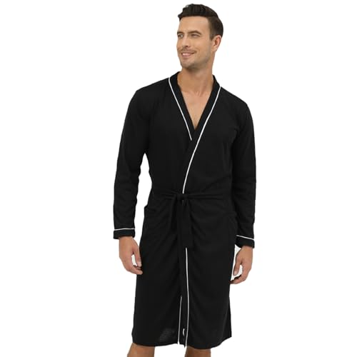 QIYUANT Bademantel Leicht Herren Dünn Sommer Morgenmantel Mit Tasche Baumwollmischung Geformter Kragen Leichter Saunamantel Kimono Langarm Schlafanzug Hausmantel Nachtwäsche (Schwarz, XL) von QIYUANT