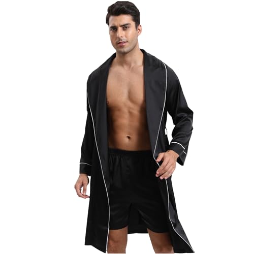 QIYUANT Bademantel und Kurz Leicht Herren Dünn Sommer Satin Morgenmantel Mit Tasche Geformter Kragen Leichter Saunamantel Kimono Langarm Kunstseide Schlafanzug Hausmantel Nachtwäsche (Schwarz, L) von QIYUANT