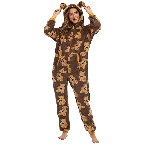 QIYUANT Damen Jumpsuit Onesie Fleece Overall Pyjama Süßer Bär Korallen Langarm Hoodies Schlafanzug Einteiler Winter Thermo Homewear Strampelanzug Schlafoverall Nachtwäsche Gelber Bär M von QIYUANT
