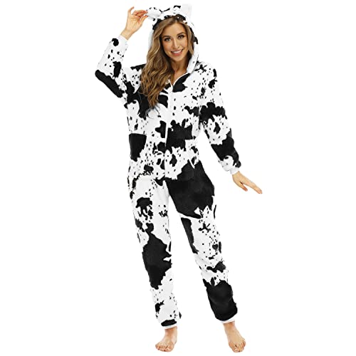 QIYUANT Damen Jumpsuit Onesie Korallen Fleece Overall Pyjama Kühe Langarm Hoodies Schlafanzug Einteiler Winter Thermo Homewear Strampelanzug Schlafoverall Nachtwäsche Schwarze und weiße Kuh L von QIYUANT