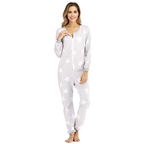 QIYUANT Damen Jumpsuit Onesie Pyjama Pentagramm-Druck Sanft Schlafanzug Einteiler Strampler Lang Reißverschluss Overall Langarm Frühling Herbst Winter Nachtwäsche Homewear (Grau, L) von QIYUANT