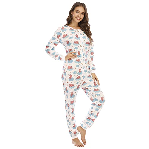 QIYUANT Damen Jumpsuit Onesie Pyjama Sanft Schlafanzug Einteiler Strampler Lang Button-Down Overall Langarm Frühling Herbst Winter Weihnachten Nachtwäsche Homewear (Bär, XL) von QIYUANT