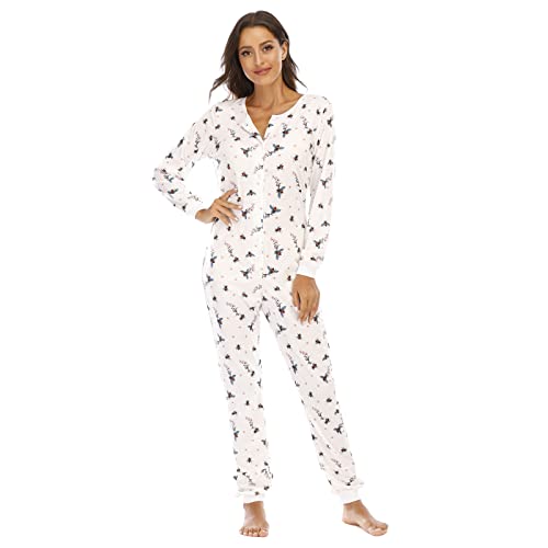 QIYUANT Damen Jumpsuit Onesie Pyjama Sanft Schlafanzug Einteiler Strampler Lang Button-Down Overall Langarm Frühling Herbst Winter Weihnachten Nachtwäsche Homewear (Biene, S) von QIYUANT