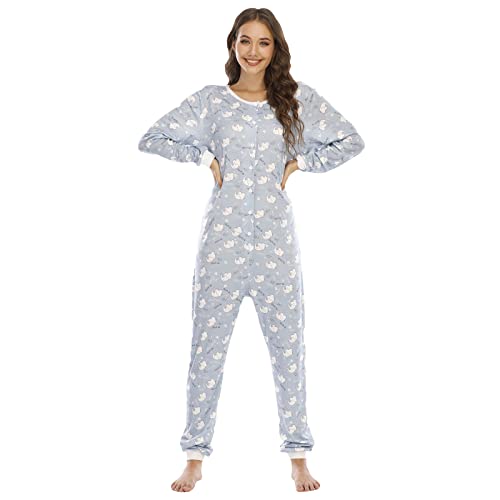 QIYUANT Damen Jumpsuit Onesie Pyjama Sanft Schlafanzug Einteiler Strampler Lang Button-Down Overall Langarm Frühling Herbst Winter Weihnachten Nachtwäsche Homewear (Elefant, L) von QIYUANT