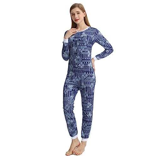 QIYUANT Damen Jumpsuit Onesie Pyjama Sanft Schlafanzug Einteiler Strampler Lang Button-Down Overall Langarm Frühling Herbst Winter Weihnachten Nachtwäsche Homewear (Geometrie, M) von QIYUANT