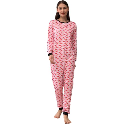 QIYUANT Damen Jumpsuit Onesie Pyjama Sanft Schlafanzug Einteiler Strampler Lang Button-Down Overall Langarm Frühling Herbst Winter Weihnachten Nachtwäsche Homewear (Kirsche, S) von QIYUANT