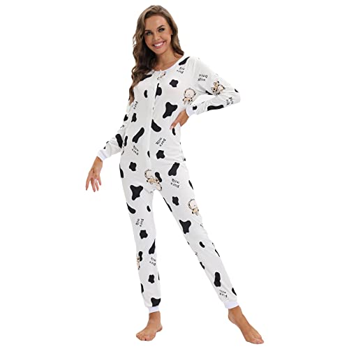 QIYUANT Damen Jumpsuit Onesie Pyjama Sanft Schlafanzug Einteiler Strampler Lang Button-Down Overall Langarm Frühling Herbst Winter Weihnachten Nachtwäsche Homewear (Kühe, XXL) von QIYUANT