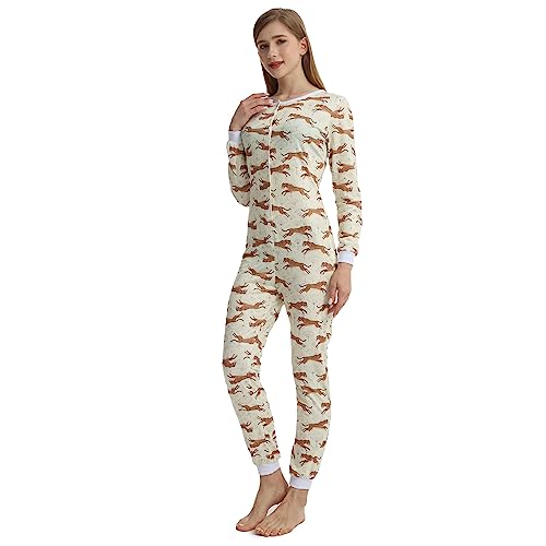 QIYUANT Damen Jumpsuit Onesie Pyjama Sanft Schlafanzug Einteiler Strampler Lang Button-Down Overall Langarm Frühling Herbst Winter Weihnachten Nachtwäsche Homewear (Leopard, L) von QIYUANT