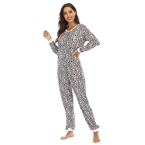 QIYUANT Damen Jumpsuit Onesie Pyjama Sanft Schlafanzug Einteiler Strampler Lang Button-Down Overall Langarm Frühling Herbst Winter Weihnachten Nachtwäsche Homewear (Leopardenmuster, L) von QIYUANT