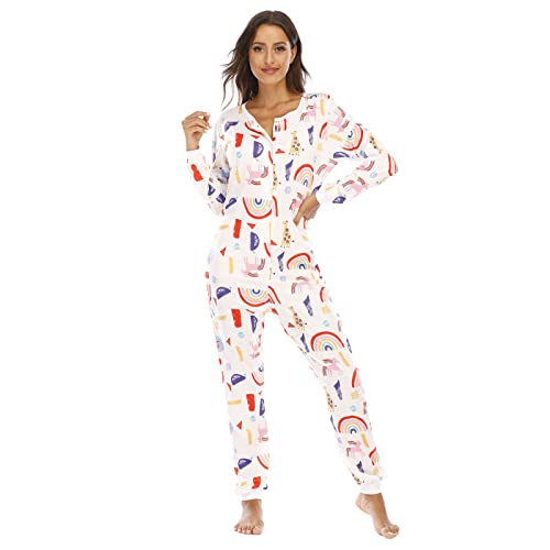 QIYUANT Damen Jumpsuit Onesie Pyjama Sanft Schlafanzug Einteiler Strampler Lang Button-Down Overall Langarm Frühling Herbst Winter Weihnachten Nachtwäsche Homewear (Regenbogen, L) von QIYUANT