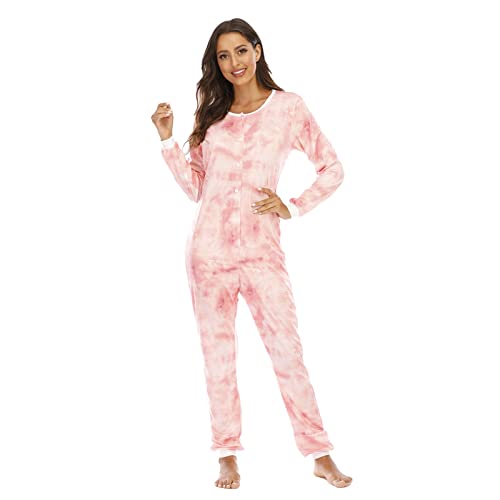 QIYUANT Damen Jumpsuit Onesie Pyjama Sanft Schlafanzug Einteiler Strampler Lang Button-Down Overall Langarm Frühling Herbst Winter Weihnachten Nachtwäsche Homewear (Rosa Tie-Dye, L) von QIYUANT