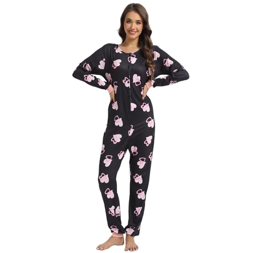 QIYUANT Damen Jumpsuit Onesie Pyjama Sanft Schlafanzug Einteiler Strampler Lang Button-Down Overall Langarm Frühling Herbst Winter Weihnachten Nachtwäsche Homewear (Schwarzes Herz, M) von QIYUANT