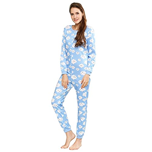 QIYUANT Damen Jumpsuit Onesie Pyjama Sanft Schlafanzug Einteiler Strampler Lang Button-Down Overall Langarm Frühling Herbst Winter Weihnachten Nachtwäsche Homewear (Wolke, XXL) von QIYUANT