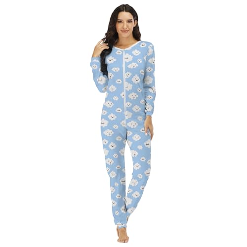 QIYUANT Damen Jumpsuit Onesie Pyjama Sanft Schlafanzug Einteiler Strampler Lang Button-Down Overall Langarm Frühling Herbst Winter Weihnachten Nachtwäsche Homewear (Wolke/Reißverschluss, XXL) von QIYUANT