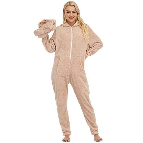 QIYUANT Damen Jumpsuit Onesie mit Füßen Korallen Fleece Overall Pyjama Langarm Hoodies Schlafanzug Einteiler Winter Thermo Strampelanzug Homewear Schlafoverall Nachtwäsche Beige L von QIYUANT