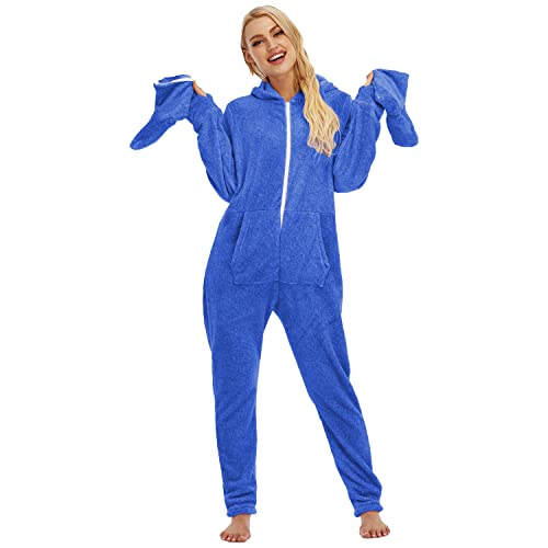 QIYUANT Damen Jumpsuit Onesie mit Füßen Korallen Fleece Overall Pyjama Langarm Hoodies Schlafanzug Einteiler Winter Thermo Strampelanzug Homewear Schlafoverall Nachtwäsche Blau XXL von QIYUANT