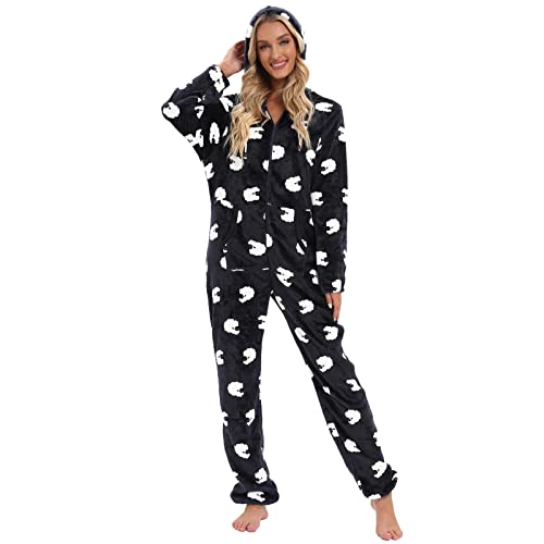 QIYUANT Damen Jumpsuit Pyjama mit Kapuze Warmer Plüsch Sanft Fleece Schlafanzug Einteiler Overall Winter Herbst Halloween Weihnachten Nachtwäsche Homewear Schlafanzug (Schaf, L) von QIYUANT