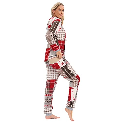 QIYUANT Damen Jumpsuit Pyjama mit Kapuze zu öffnende Hüften Warmer Plüsch Sanft Fleece Schlafanzug Einteiler Overall Herbst Winter Halloween Nachtwäsche Homewear Schlafanzug (Graue Weihnachten, XL) von QIYUANT